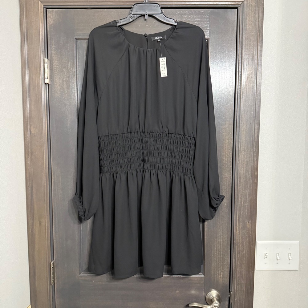 Madewell Smocked Waist Mini Dress Black Long Sleeve Round Neck NT369 XL NEW‎